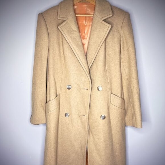 ✨Vintage 80s Camel Tan Wool Notch Collar Long Peacoat Women's S/M